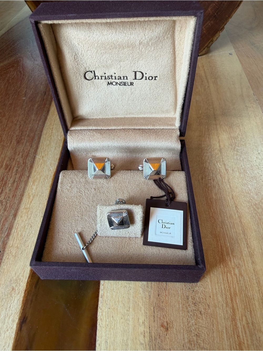 Vintage Monsieur Christian Dior Silver Gold Triangle Cufflinks w Tie Pin in Box